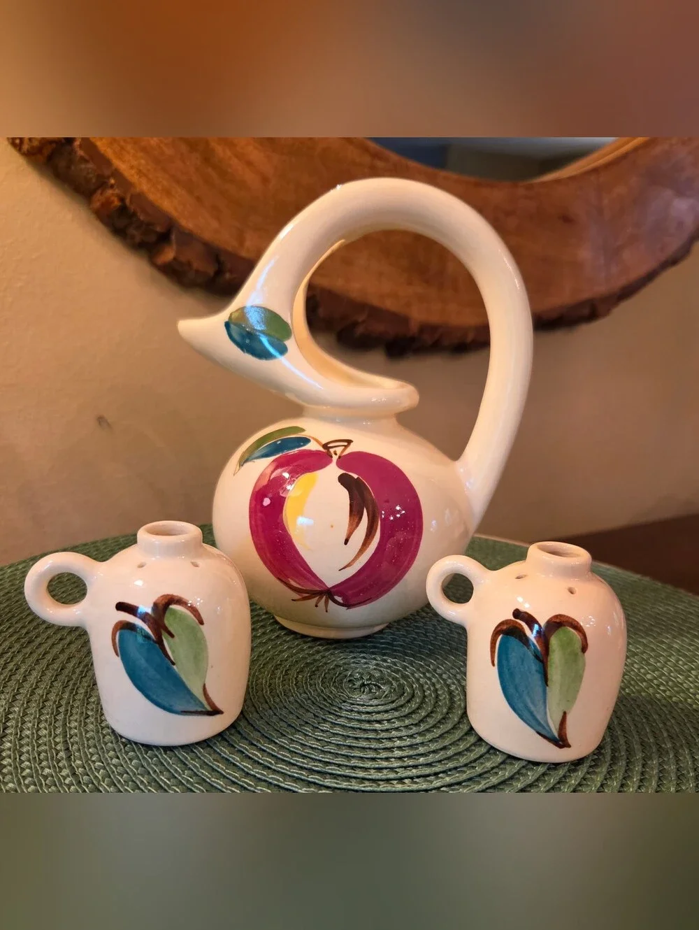 3 Pc Set Vtg Puritan Pottery Apple Honey Jug Salt & Pepper 1940's Kitchen Retro